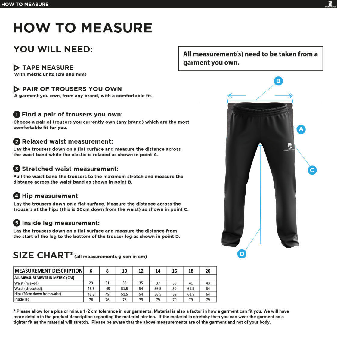 Pott Shrigley CC - Women's Rip Stop Track Pant - Size Guide