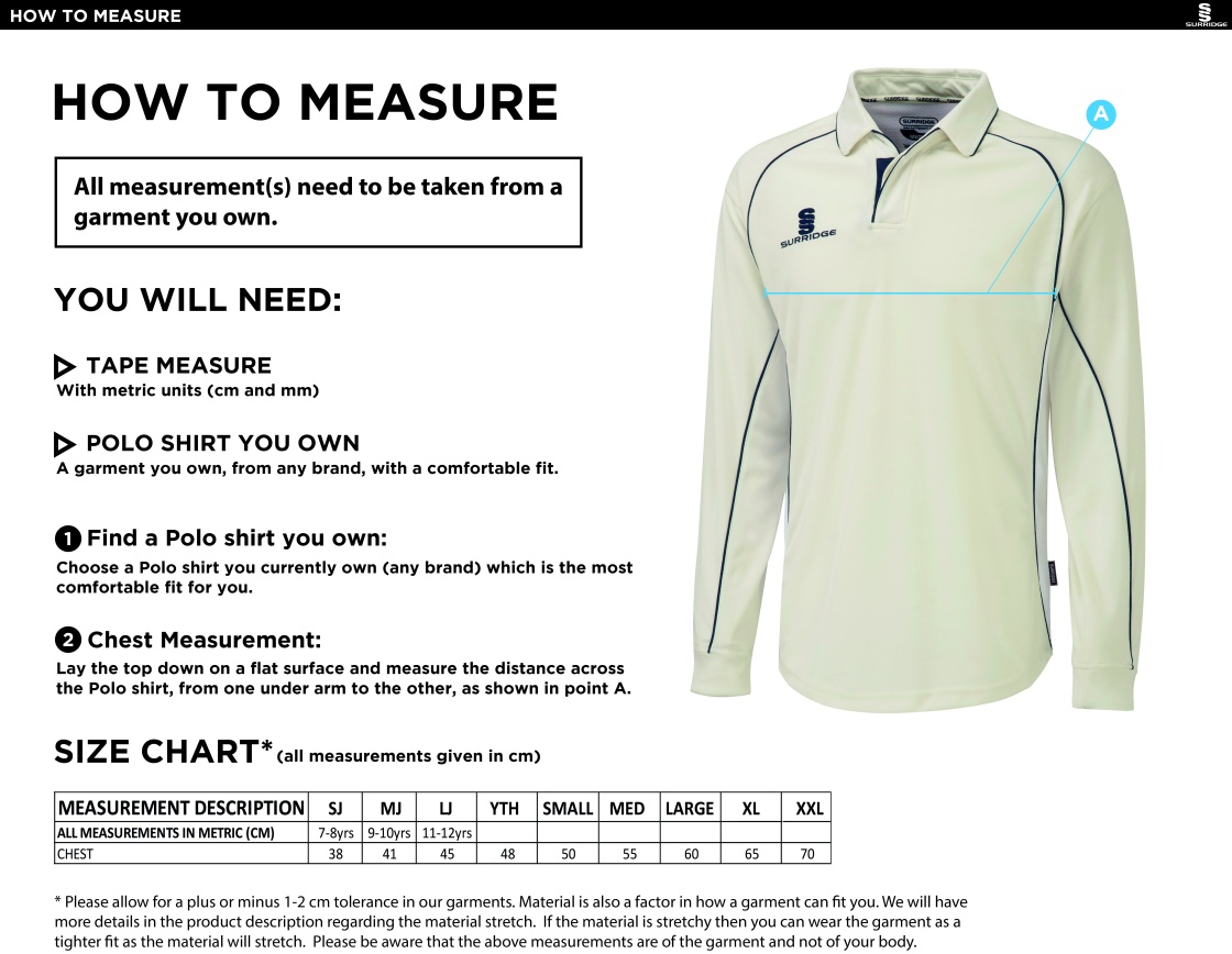 Pott Shrigley CC - Premier Long Sleeve Maroon Trim Shirt - Size Guide