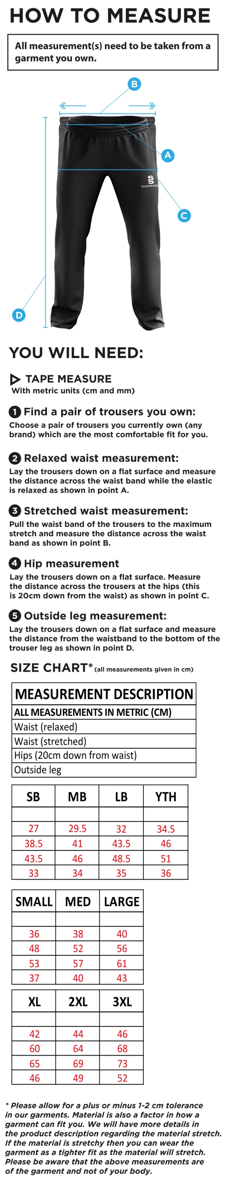 Pott Shrigley CC - Ripstop Track Pant - Size Guide
