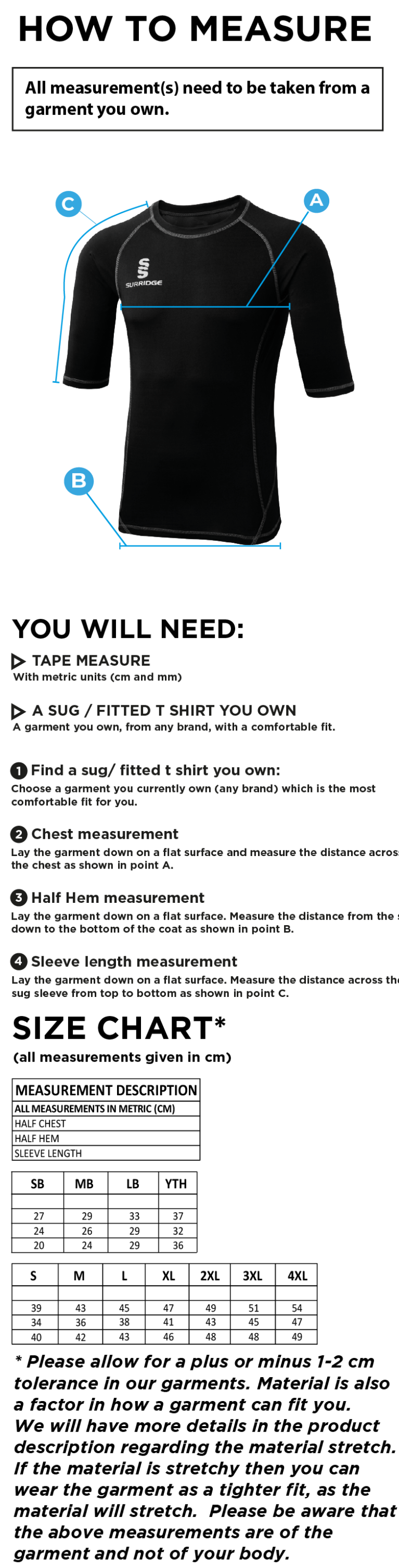 Pott Shrigley CC - Premier Short Sleeve Sug - Size Guide