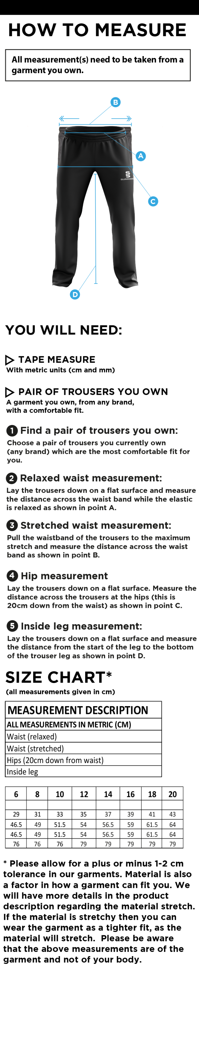 Pott Shrigley CC - Women's Rip Stop Track Pant - Size Guide