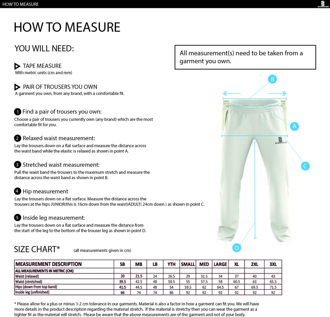 Pott Shrigley CC - Standard Playing Pant - Size Guide