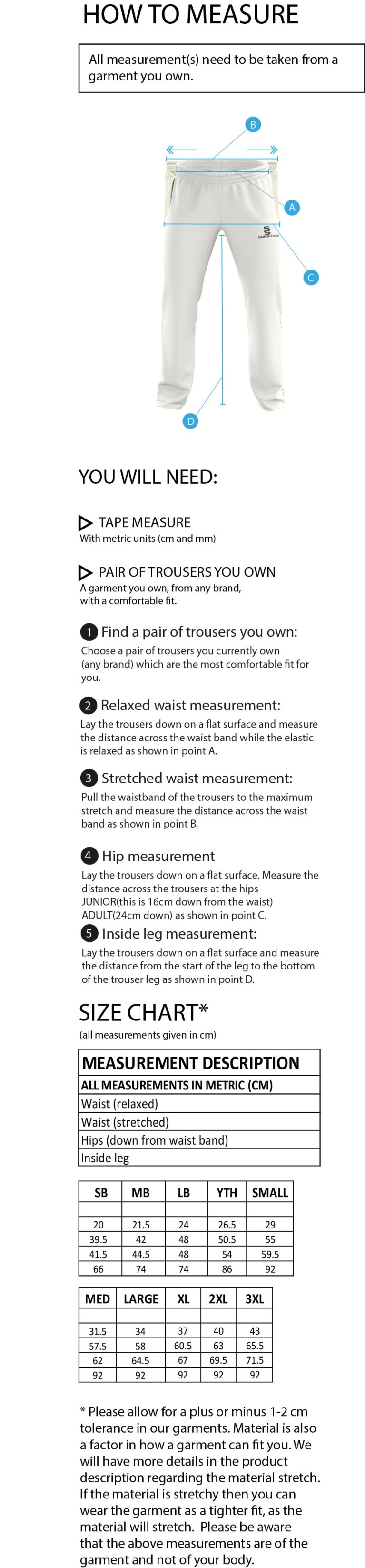 Pott Shrigley CC - Standard Playing Pant - Size Guide