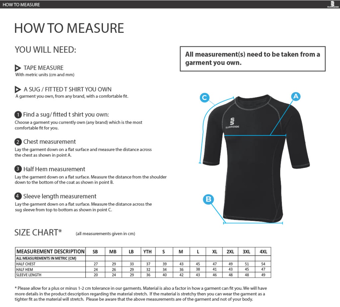 Pott Shrigley CC - Premier Short Sleeve Sug - Size Guide
