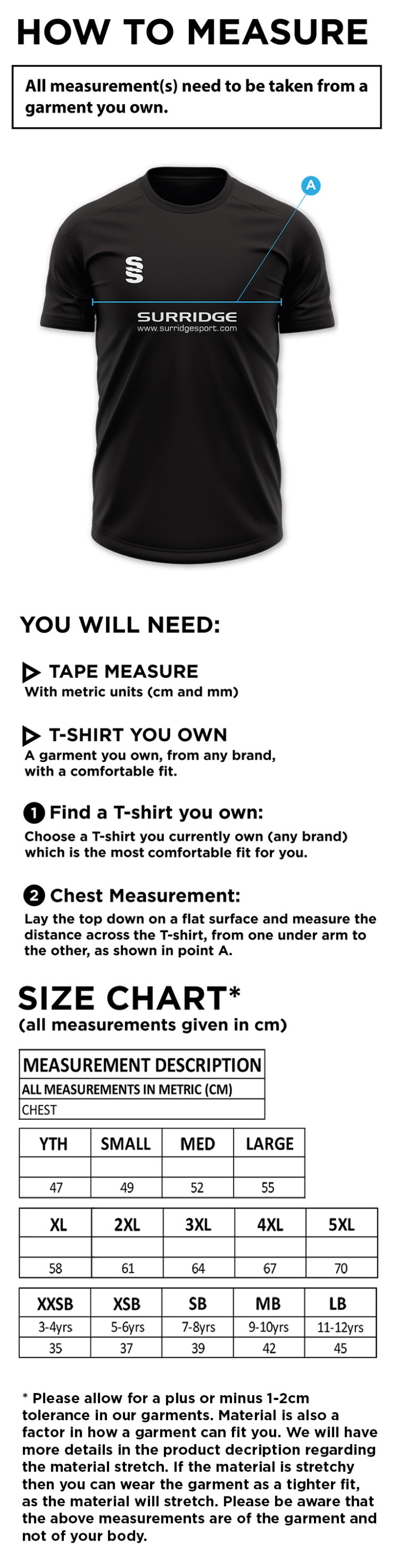 Pott Shrigley CC - Blade T-shirt - Size Guide