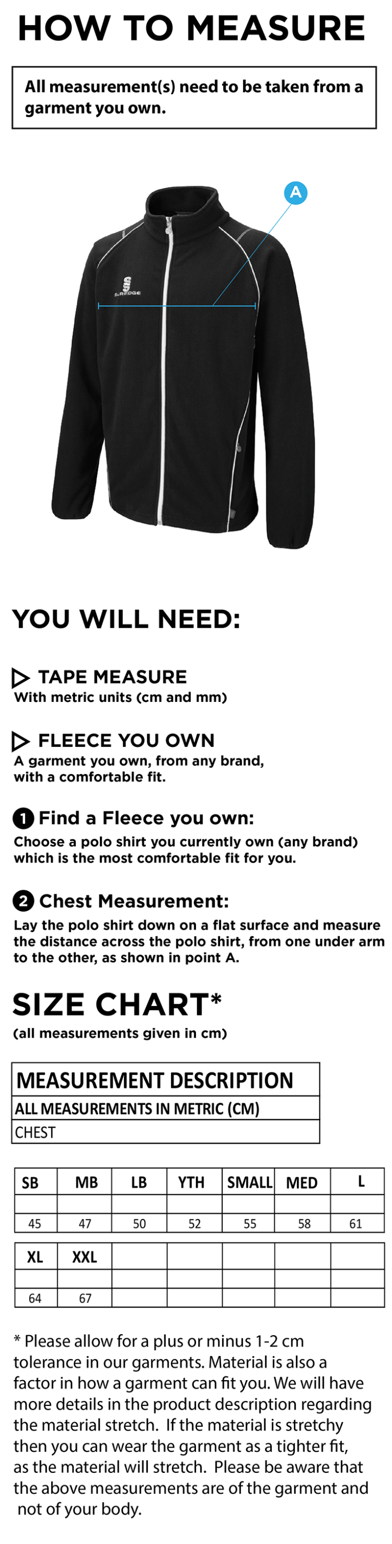 Pott Shrigley CC - Full Zip Fleece Jacket - Size Guide