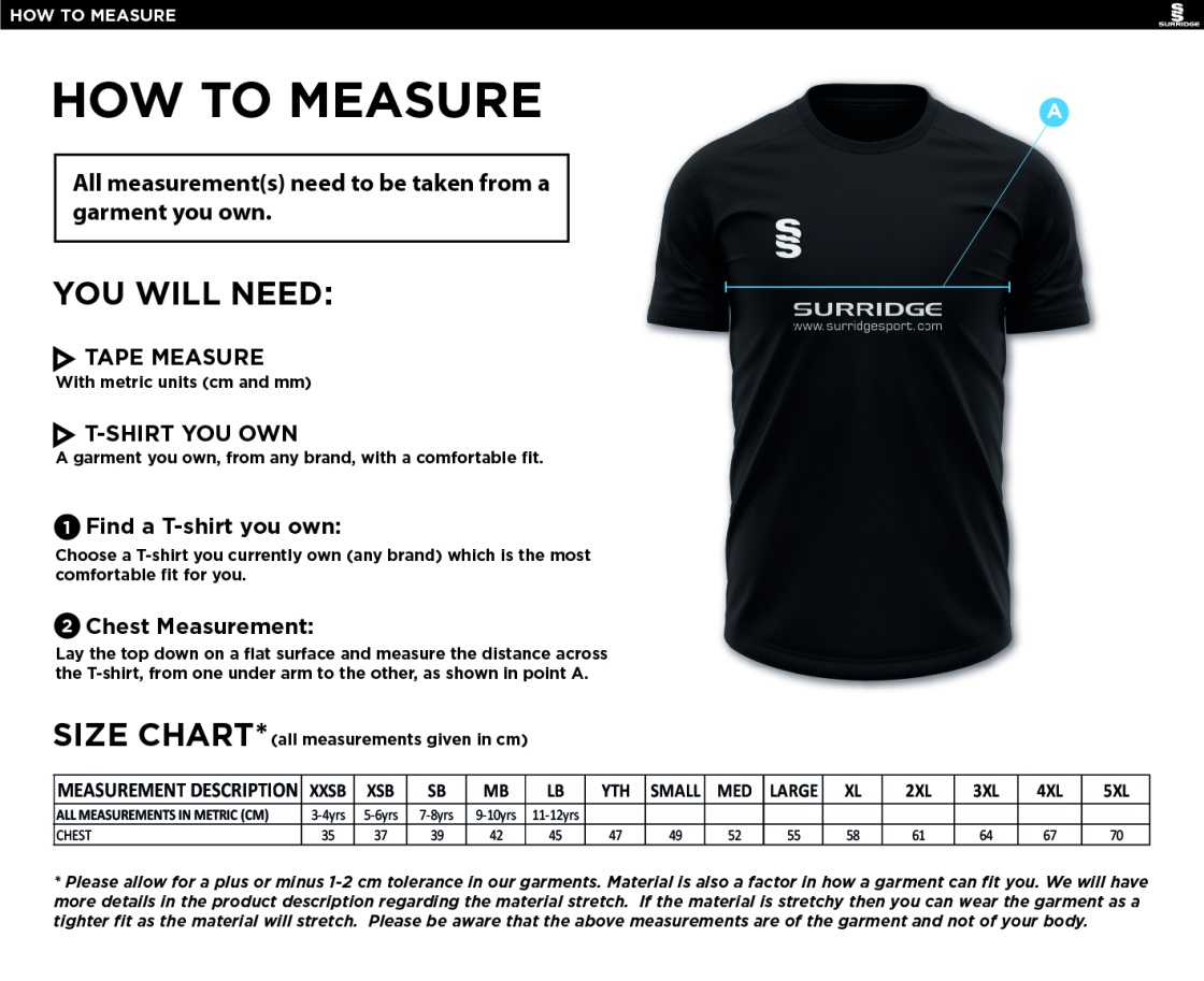 Pott Shrigley CC - Blade T-shirt - Size Guide