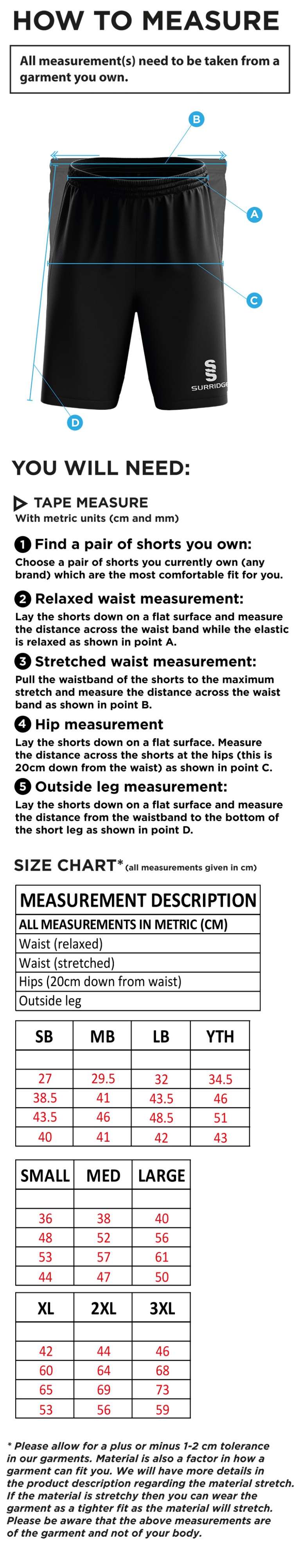 Pott Shrigley CC - Ripstop Short - Size Guide