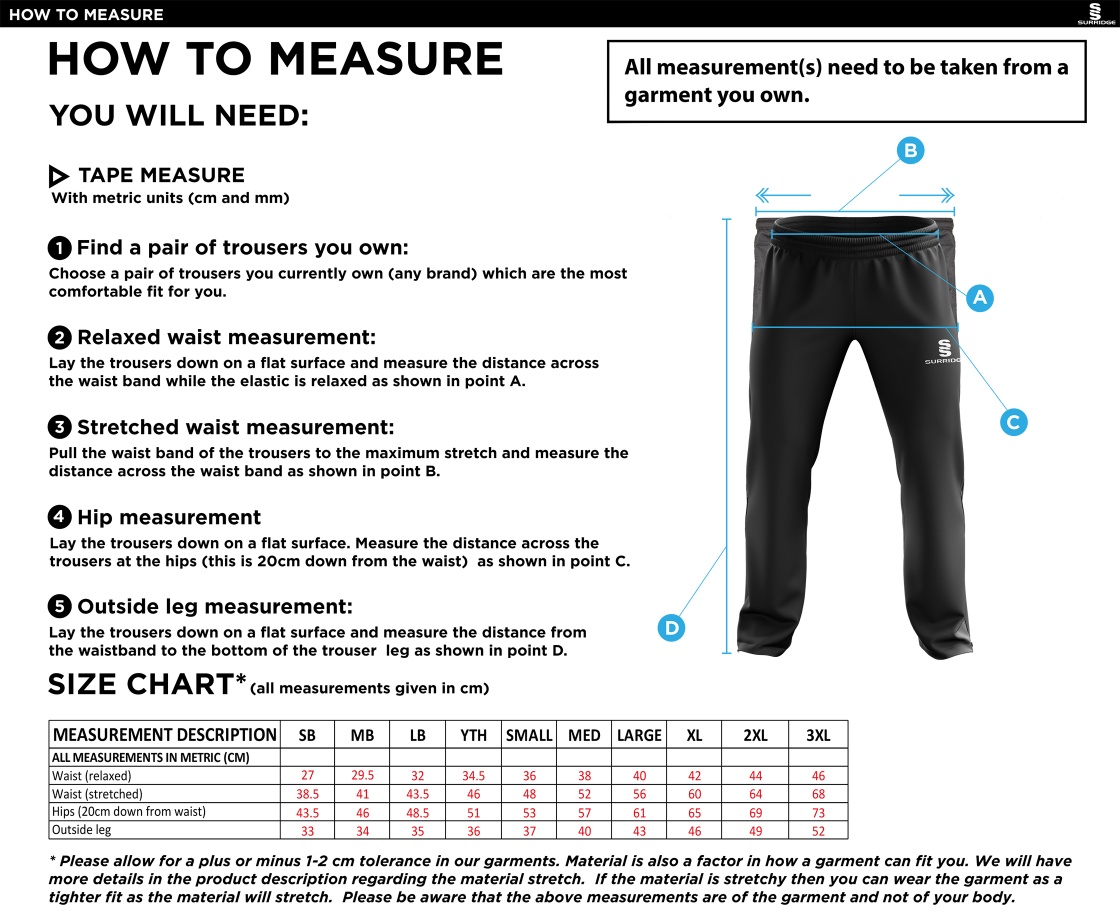 Pott Shrigley CC - Ripstop Track Pant - Size Guide