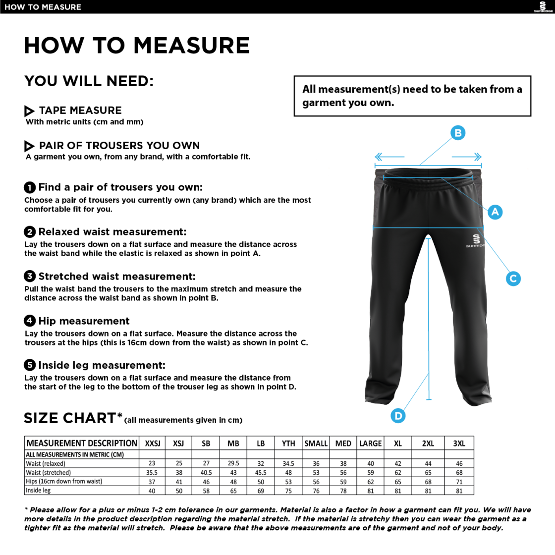 Pott Shrigley CC - Poplin Track Pant - Size Guide