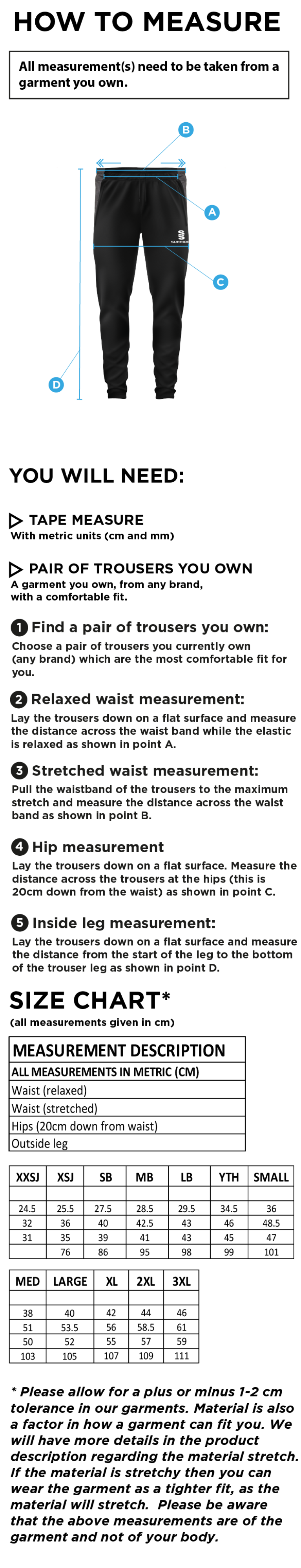 Pott Shrigley CC - Tek Slim Pant - Size Guide