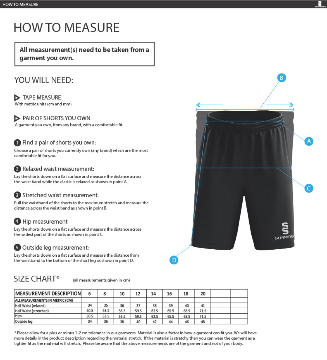 Pott Shrigley CC - Women's Ripstop Shorts - Size Guide