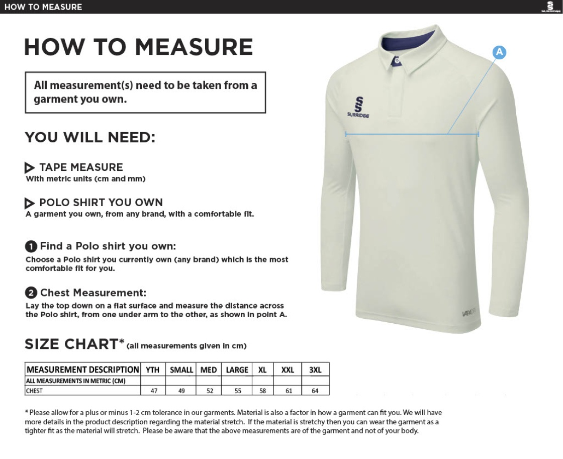 Pott Shrigley CC - Ergo Long Sleeve Maroon Trim Shirt - Size Guide