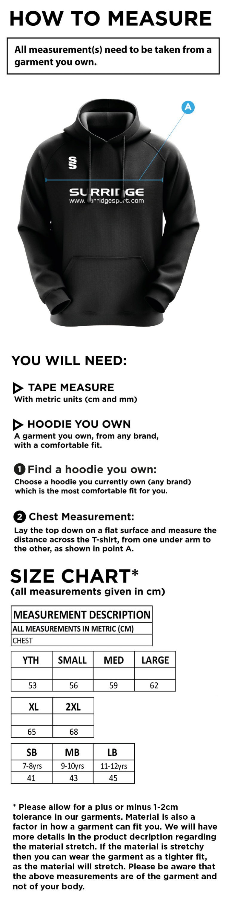 Pott Shrigley CC - Blade Hoody - Size Guide