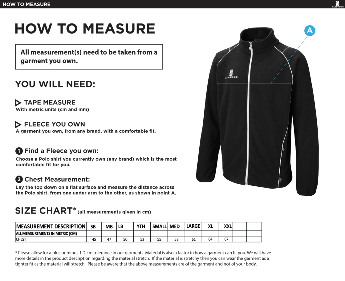 Pott Shrigley CC - Full Zip Fleece Jacket - Size Guide
