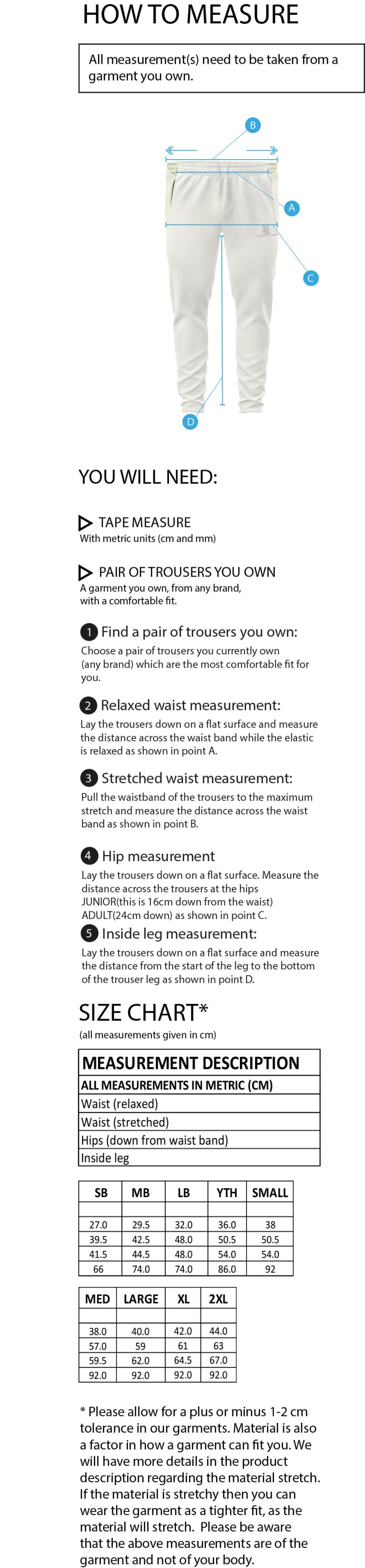 Pott Shrigley CC - Tek Playing Pant - Size Guide