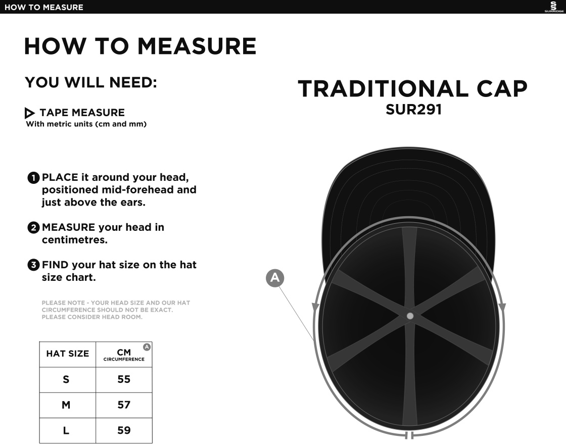 Pott Shrigley CC - English Playing Cap - Size Guide