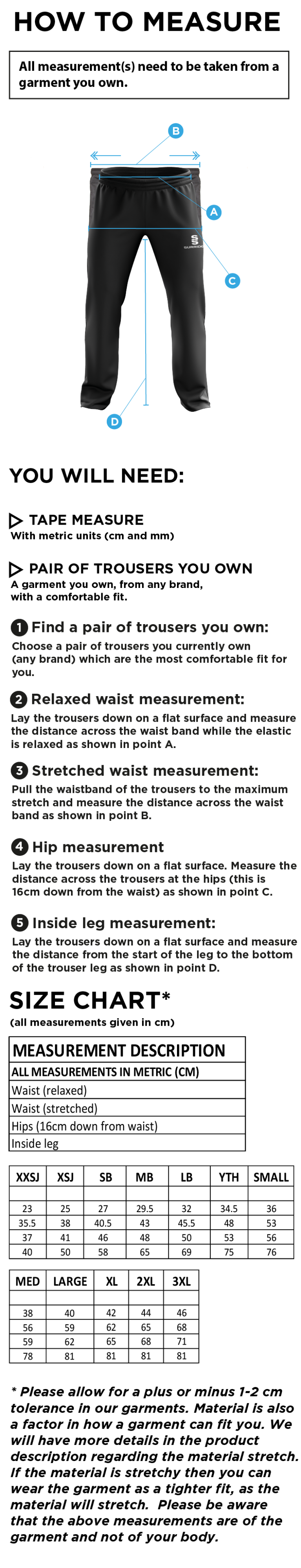 Pott Shrigley CC - Poplin Track Pant - Size Guide