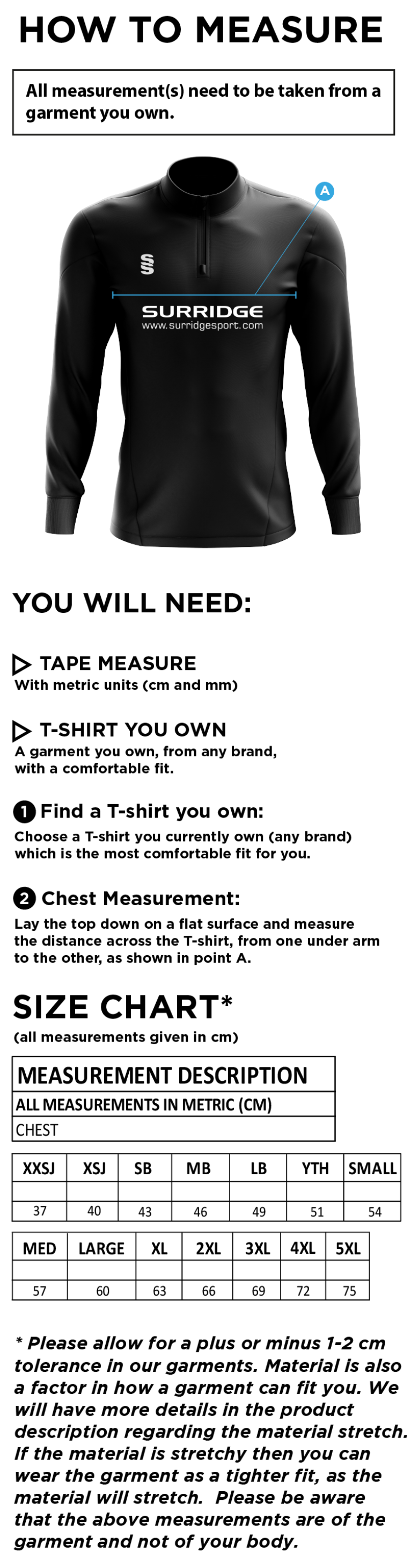 Pott Shrigley CC - Blade Performance Top - Size Guide